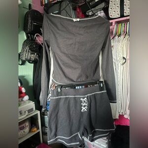 Women's Charcoal Gray waffle Lounge Set with Contrast Trim